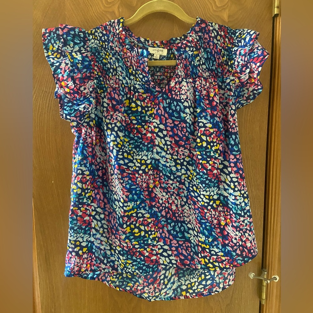 Leopard print watercolor short sleeved blouse with flutter sleeves